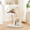 Cat tree with natural wood branches, plush surfaces, and sisal scratching posts, perfect for lounging and play.