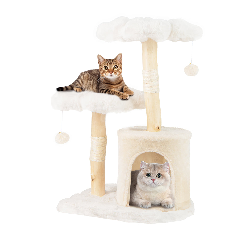 Cat tree with natural wood branches, plush platforms, and sisal scratching posts, perfect for lounging and play.