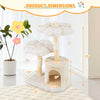 Cat tree with flower design, beige plush, natural wood branches, and sisal scratching posts, perfect for feline.