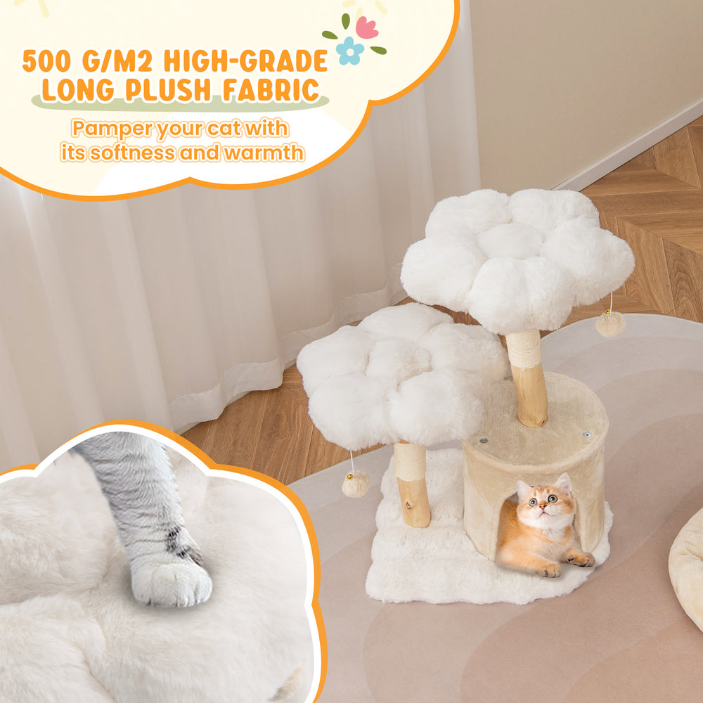 Cute solid wood cat tree with plush flower-shaped platforms, sisal scratching posts, and cozy condo for relaxation.