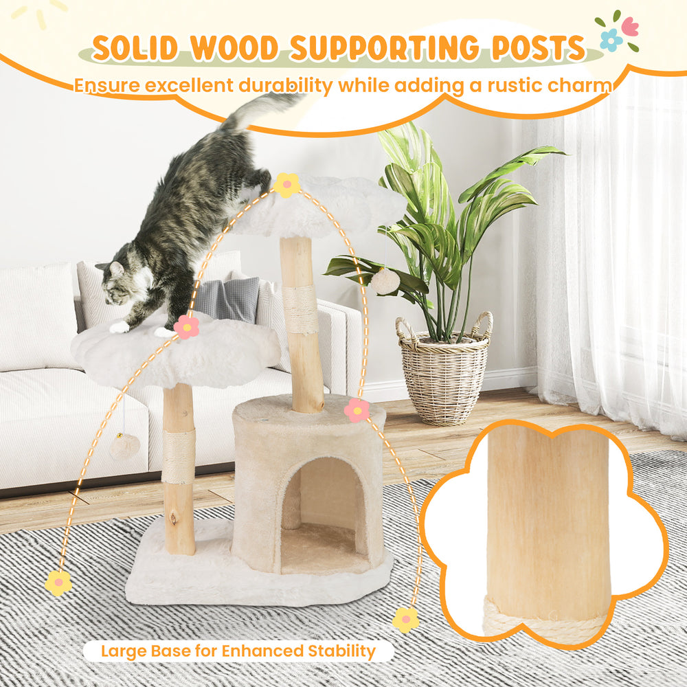 Solid wood cat tree with natural branches, cozy perch, and sisal scratching posts for stability and playful charm.