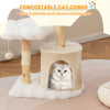 Cozy beige cat condo with plush fabric and natural wood branches, perfect for secure resting and lounging.