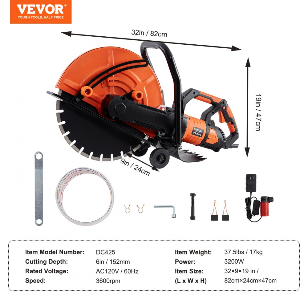 Vevor Electric Concrete Saw 16" Circular Wet Disk 6" Adjustable Cutting Depth 3200W 15A Motor New