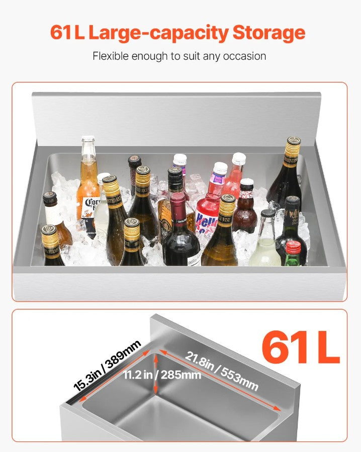 Vevor Commercial Underbar Ice Bin 16.1 Gal Stainless Steel with Sliding Lid and Bottle Holders New