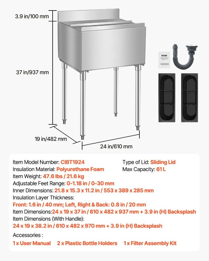 Vevor Commercial Underbar Ice Bin 16.1 Gal Stainless Steel with Sliding Lid and Bottle Holders New