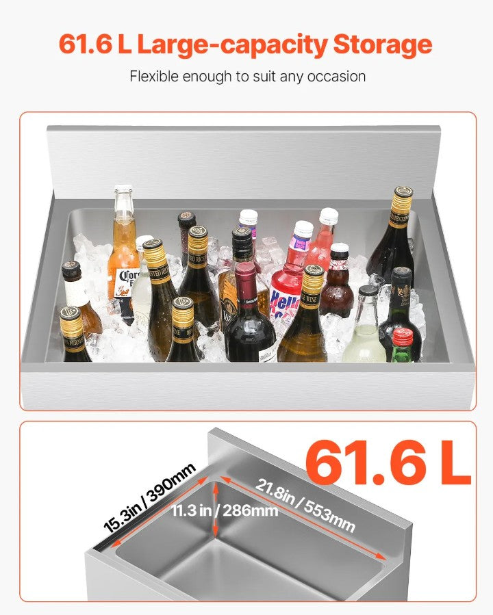 Vevor Commercial Underbar Ice Bin 16.3 Gal Stainless Steel with Sliding Lid and Bottle Holders New