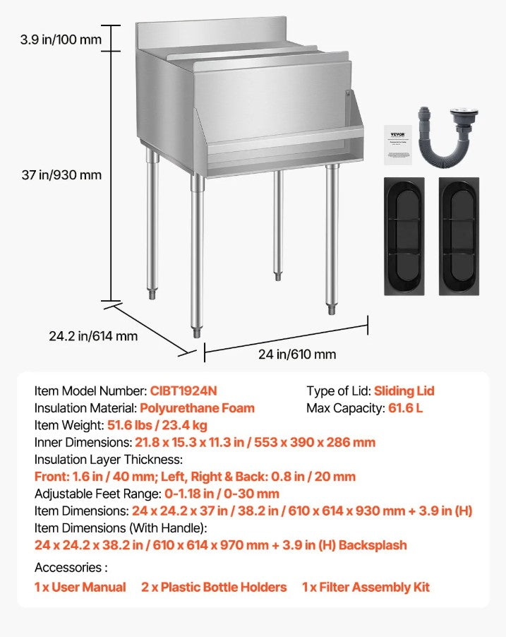 Vevor Commercial Underbar Ice Bin 16.3 Gal Stainless Steel with Sliding Lid and Bottle Holders New