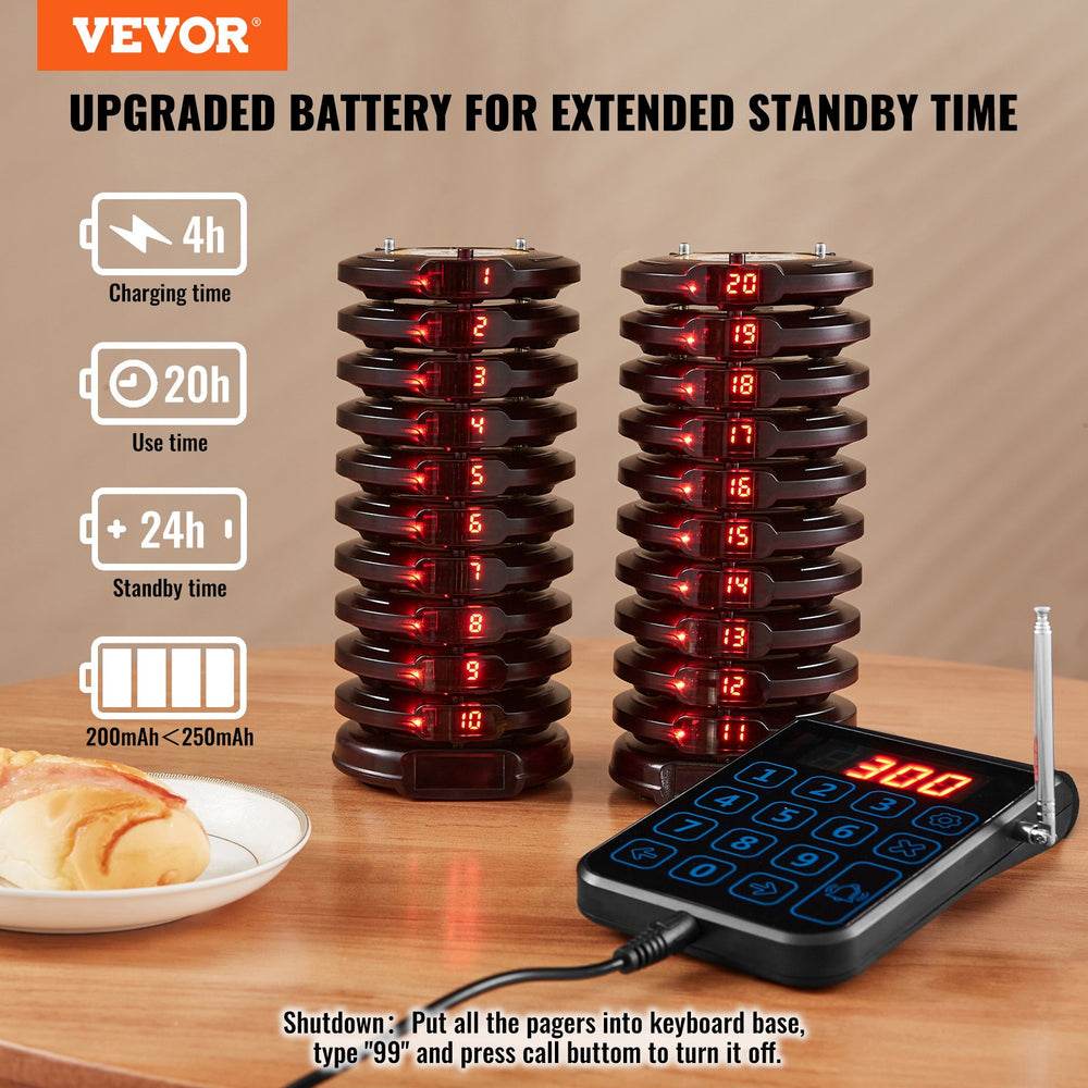 Vevor Restaurant Pager System Wireless 1640' Range 20 Beepers with Flashing Vibration or Buzzer New