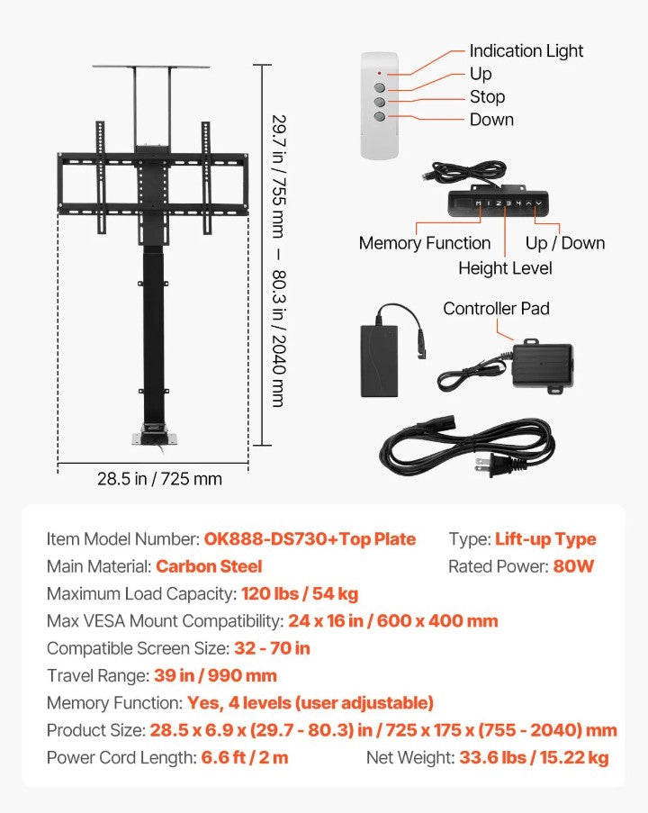 Vevor Motorized TV Lift Stand Fits 32–70" TVs 120 Lb Load 39" Adjustable Height Remote Control New