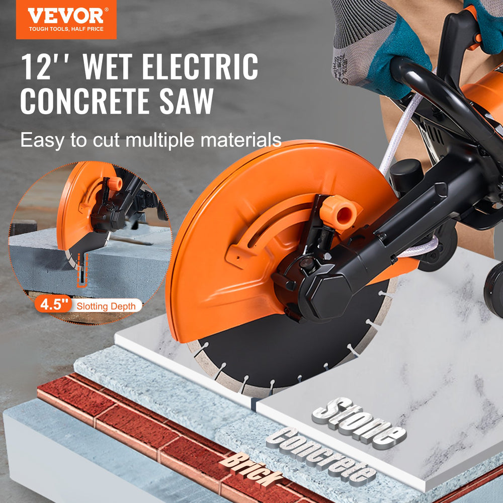 Vevor Electric Concrete Saw 12" 1800W Power 4.5" Max Cutting Depth Wet/Dry Cutter with Water Line New