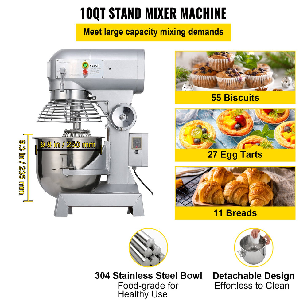 Vevor Food Mixer 10 Qt. 450W Adjustable 3 Speeds 110V Heavy Duty Commercial Stainless Steel New