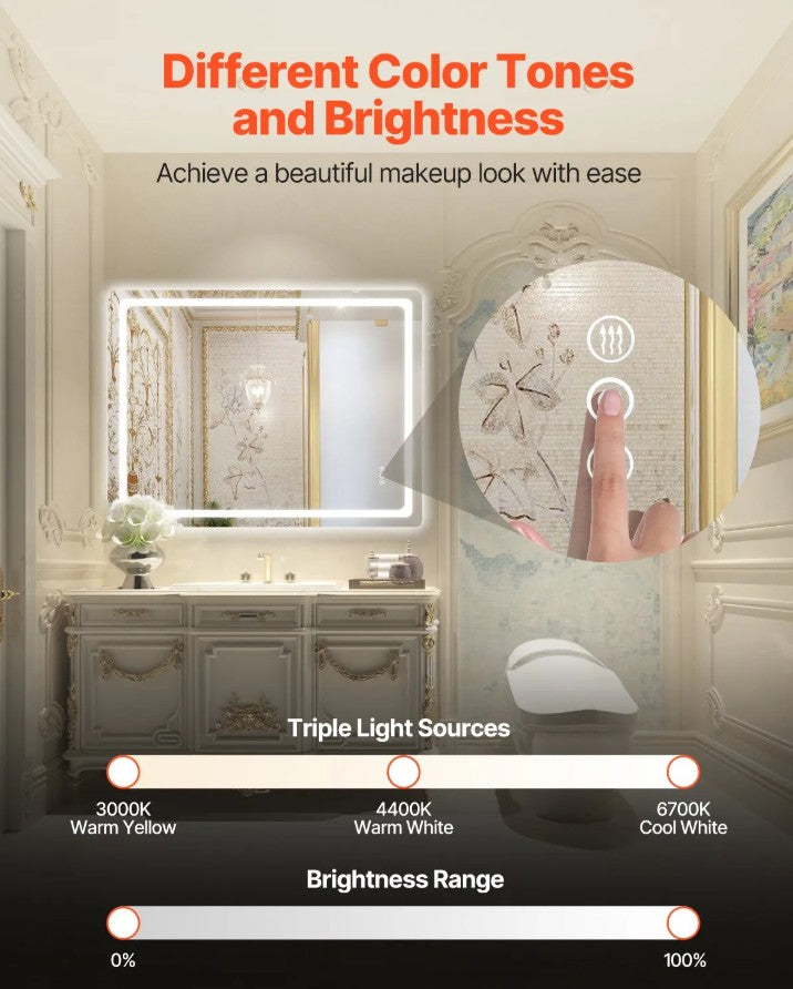 Vevor LED Bathroom Mirror 36" x 48" Anti-Fog and Dimmable Lighting New