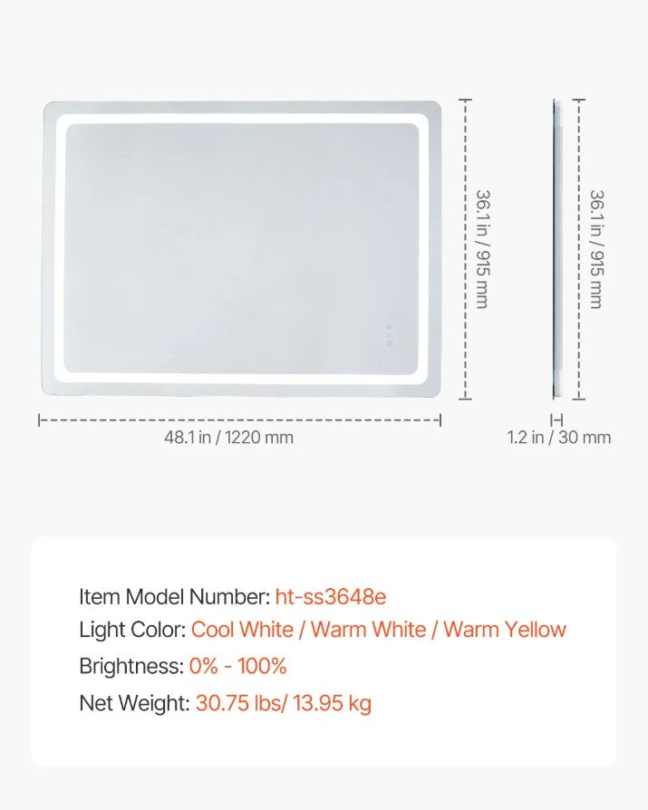 Vevor LED Bathroom Mirror 36" x 48" Anti-Fog and Dimmable Lighting New