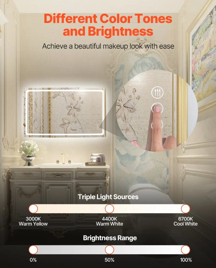 Vevor LED Bathroom Mirror 36" x 60" Anti-Fog and Dimmable Lighting New