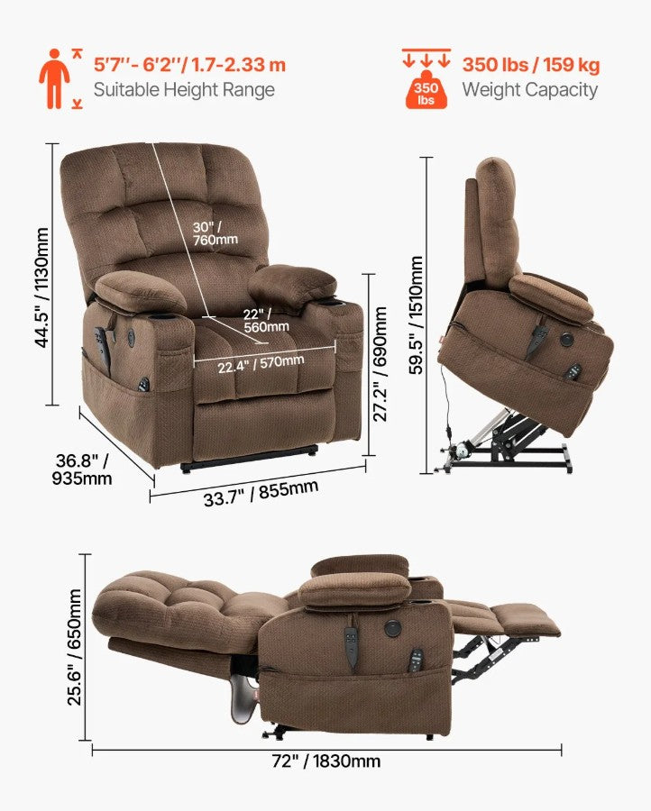 Vevor Power Lift Recliner Chair Dual Motor with Heat and Massage Suitable For 6'2" New