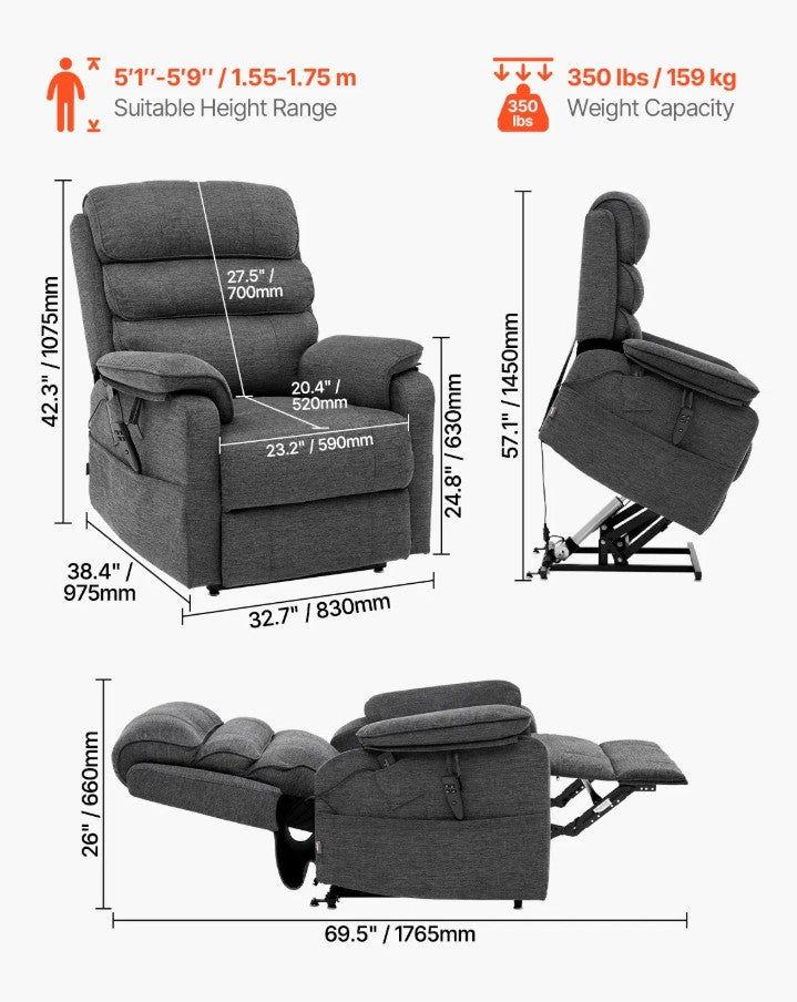 Vevor Power Lift Recliner Chair Dual Motors with Heat and 8 Massage Modes New