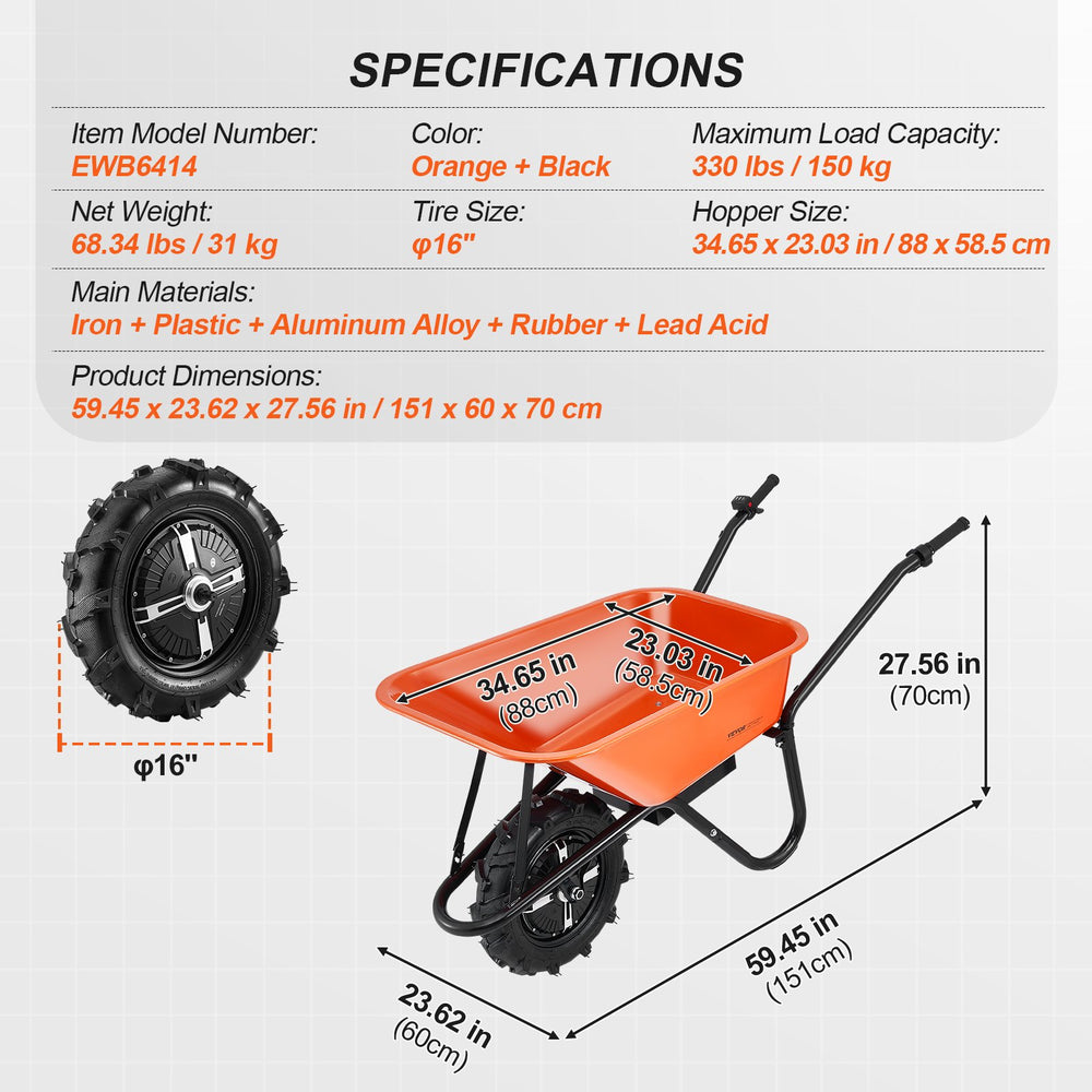 Vevor Electric Wheelbarrow Cart 4 Cu. Ft. 500W Single Wheel 330 Lbs Capacity New