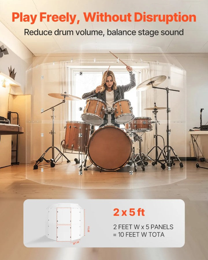 Vevor 5-Panel Acrylic Drum Shield 2' x 5' Panels with Hinges and Deflectors New