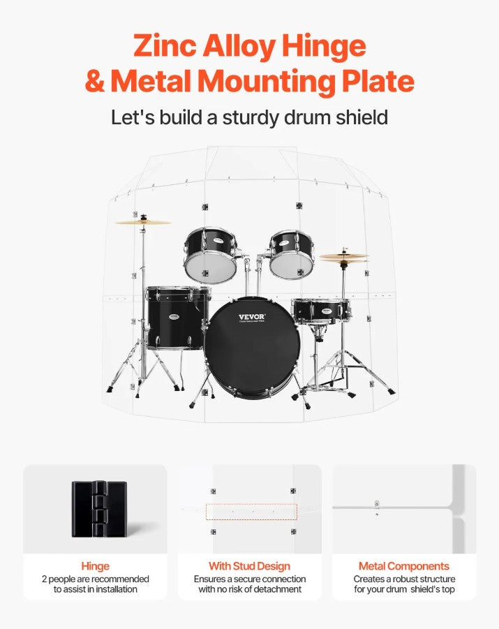 Vevor 5-Panel Acrylic Drum Shield 2' x 5' Panels with Hinges and Deflectors New