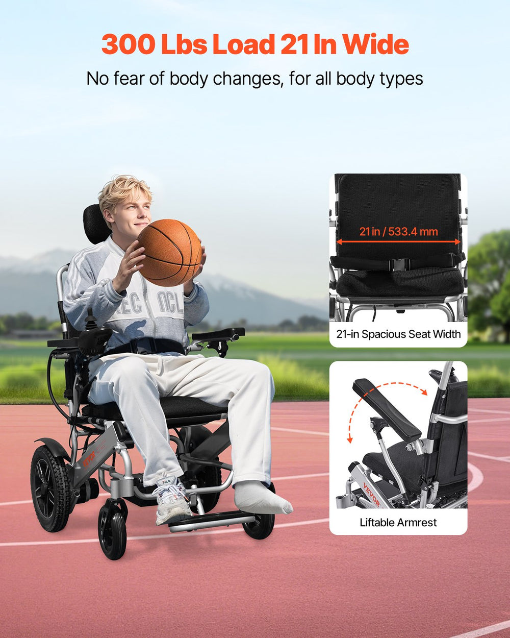 Vevor Electric Wheelchair 21" Seat 300 Lbs Capacity Adjustable Backrest Foldable 13 Mile Range New