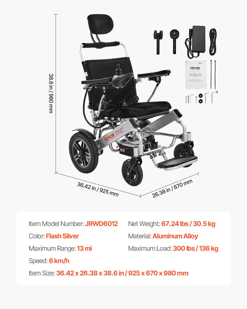 Vevor Electric Wheelchair 21" Seat 300 Lbs Capacity Adjustable Backrest Foldable 13 Mile Range New