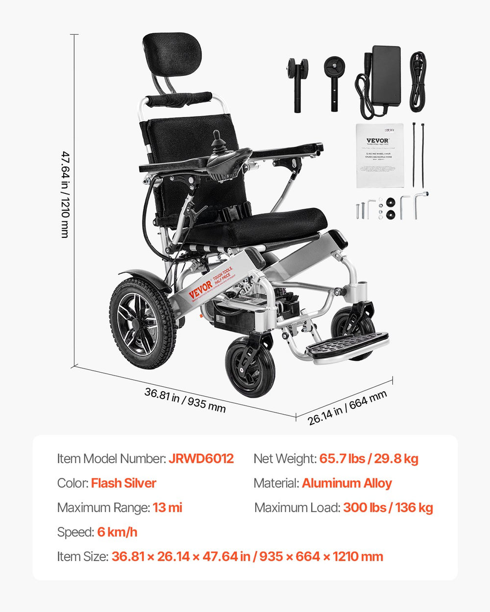 Vevor Electric Wheelchair 17.7" Seat 300 Lbs Capacity Adjustable Backrest Foldable 13 Mile Range New