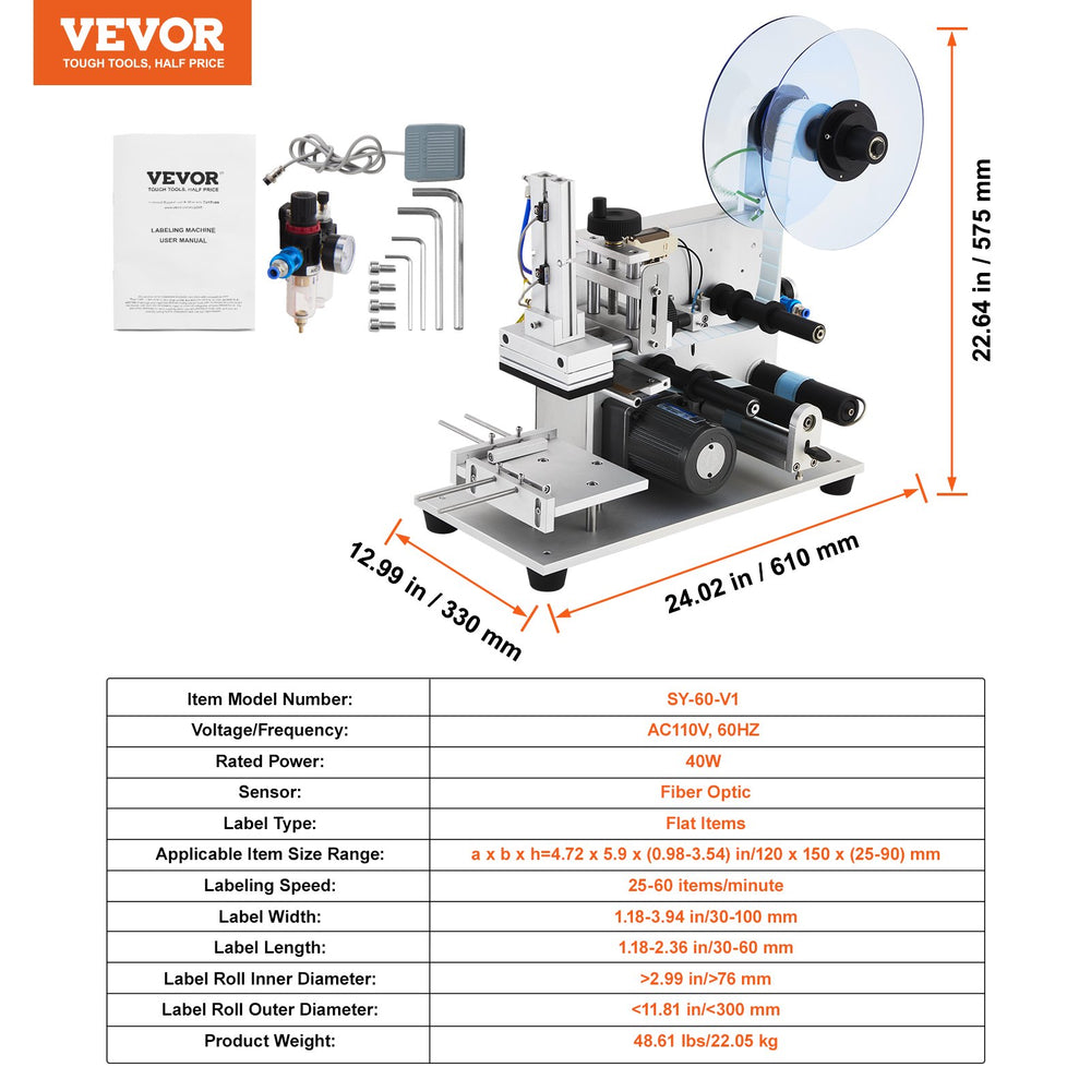 Vevor Flat Labeling Machine 25/60 PCS/Min Electric Applicator for Size Range 4.7" x 5.9" x 0.98-3.54" New