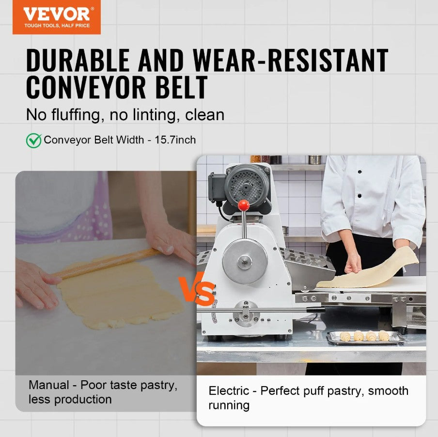 Vevor Commercial Electric Dough Sheeter 15.7" Pastry Roller with Adjustable Thickness New
