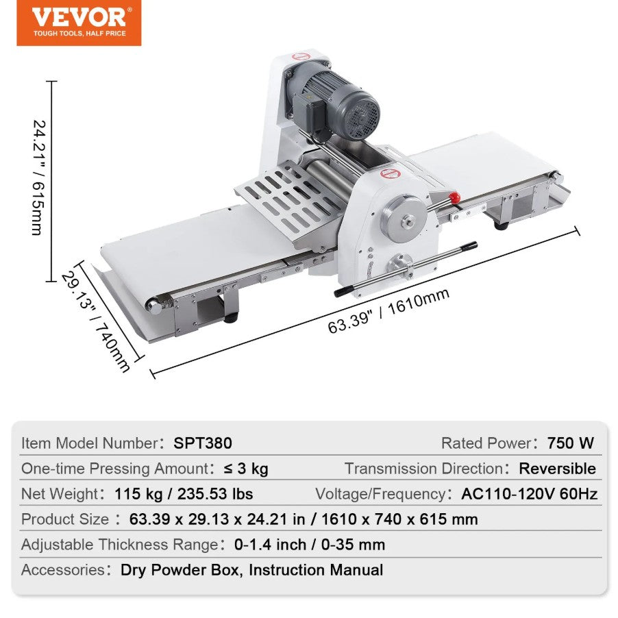 Vevor Commercial Electric Dough Sheeter 15.7" Pastry Roller with Adjustable Thickness New