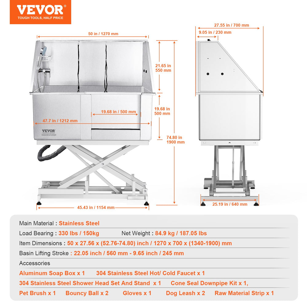 Vevor 50" Dog Grooming Tub Electric Height Adjustment Stainless Steel 330 Lbs. Capacity with Right Door New