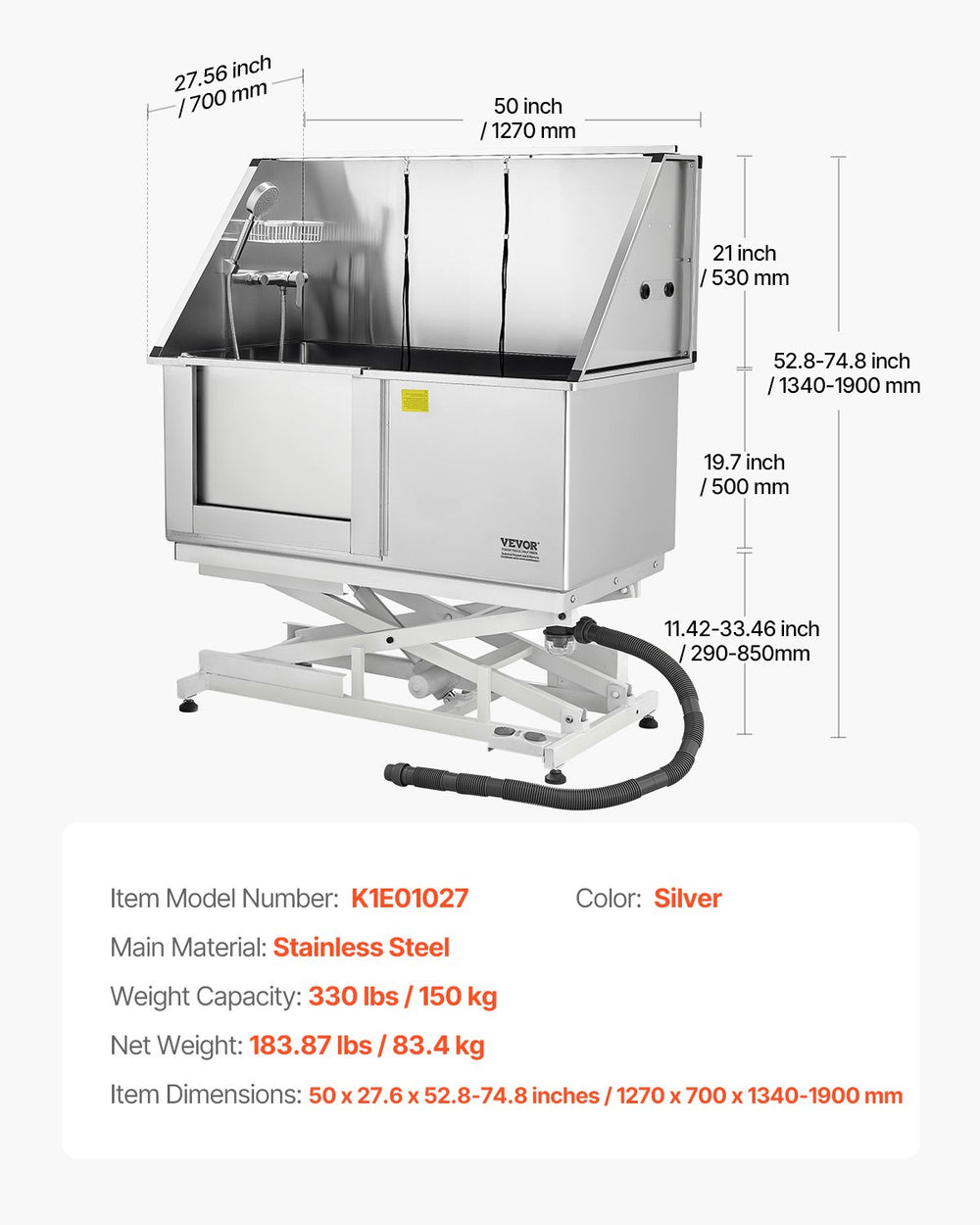 Vevor Dog Grooming Tub 50" Electric Lift Stainless Steel with Water Filter New