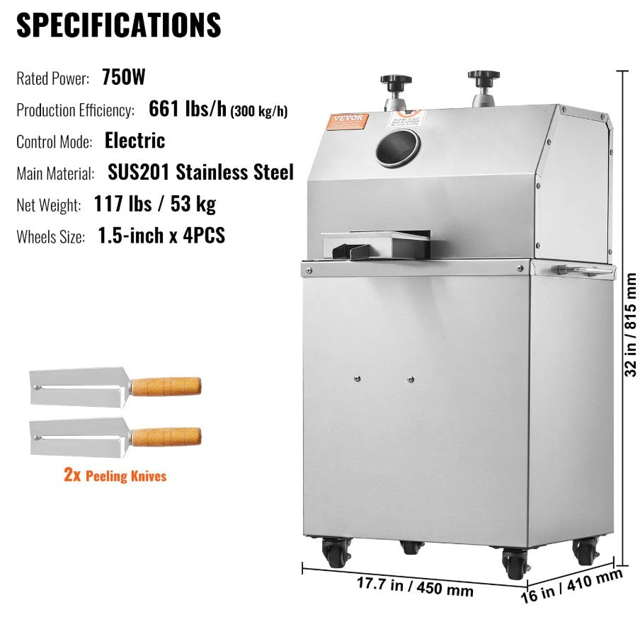 Vevor Electric Sugar Cane Juicer 750W 661 Lbs/H Output 3 Rollers Mobile Extractor New
