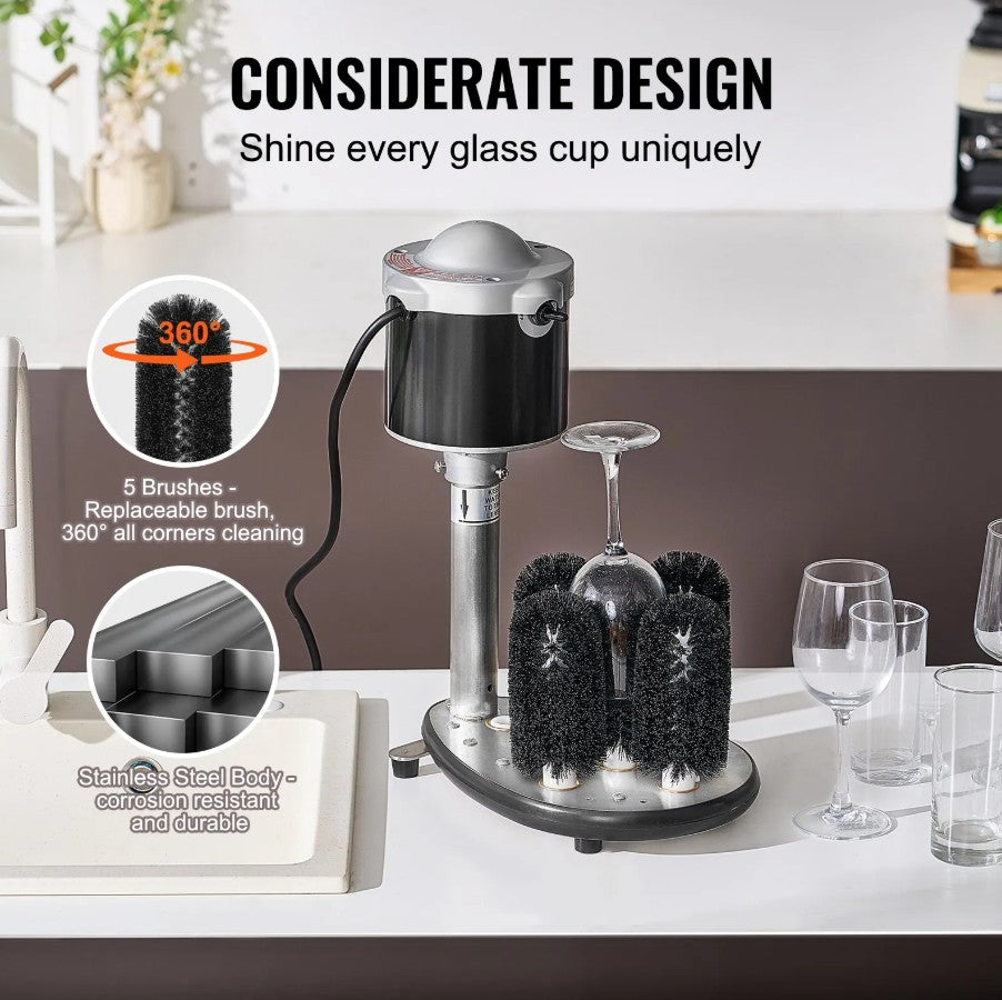 Vevor Electric Glass Washer 5-Brush  360° Cleaner 600 Glasses/Hour New