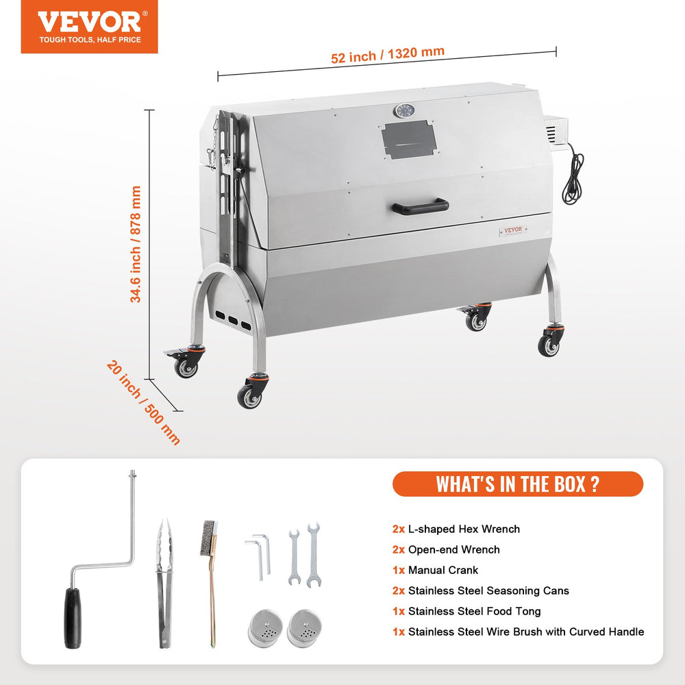 Vevor Spit Rotisserie BBQ Grill 46.6" 198 Lbs Capacity 52W Electric Roaster with Hooded Cover New