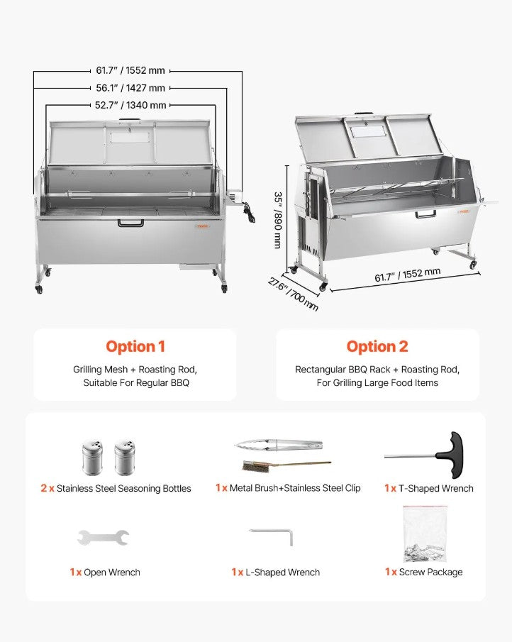 Vevor Spit Rotisserie BBQ Grill 56" 286 Lbs Capacity 60W Electric Roaster with Hooded Cover New
