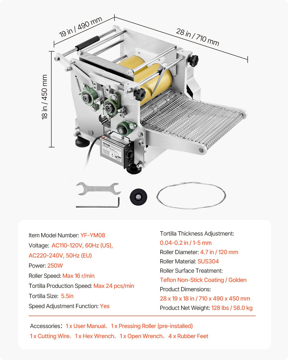 Vevor Electric Tortilla Maker 5.5" Automatic Press Stainless Steel Adjustable Thickness 1400 per Hour New