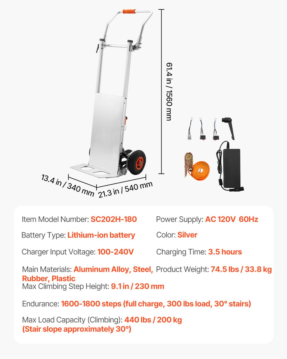 Vevor Electric Dolly 440 Lbs Stair Climbing System 400W Dual Speed with Adjustable Folding Handle New