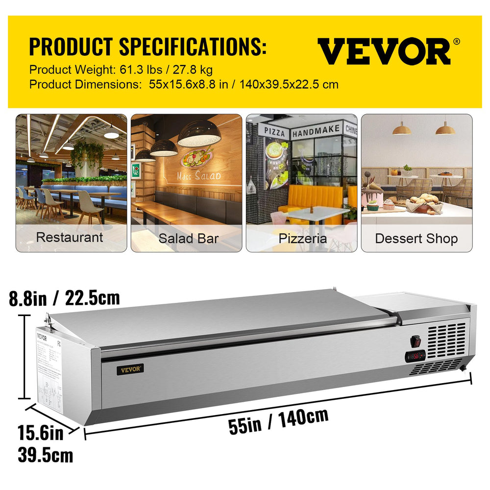 Vevor Refrigerated Condiment Prep Station 55" with Removable Cover 150W Stainless Steel 13.8 Qt New