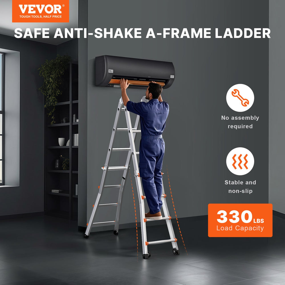 Vevor Telescoping A-Frame Ladder 13' Aluminum 330 Lb Capacity with Wheels New