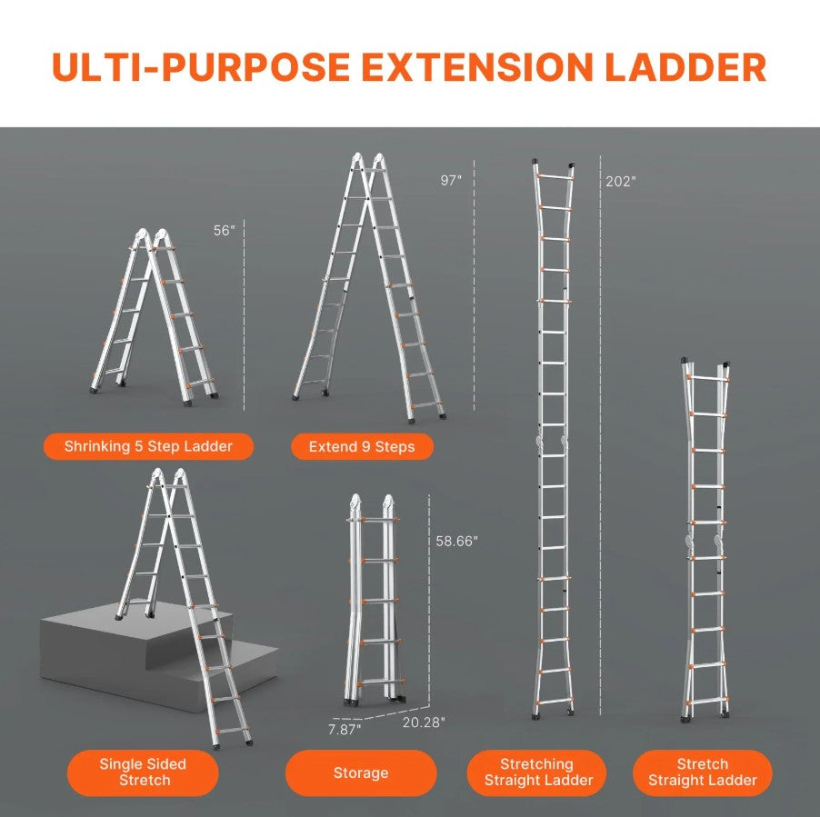 Vevor Telescoping A-Frame Ladder 17' Aluminum 330 Lb Capacity with Wheels New