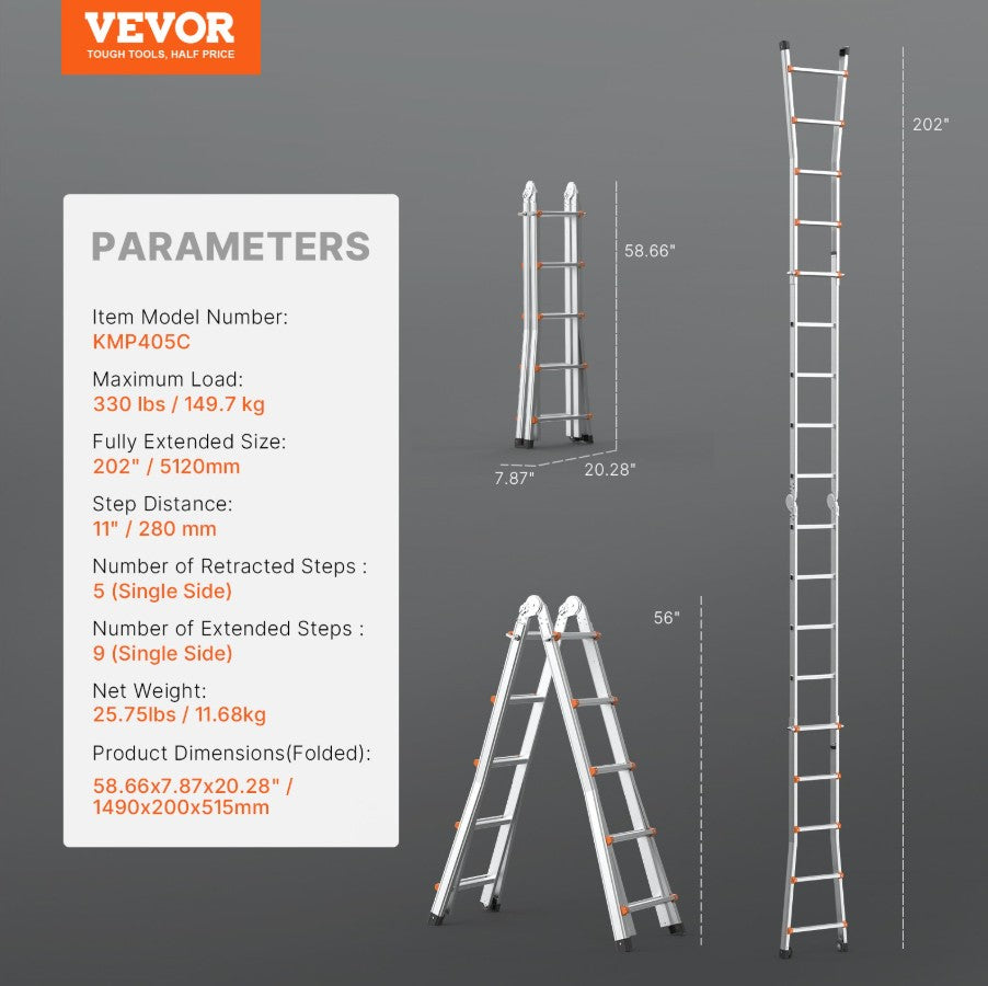 Vevor Telescoping A-Frame Ladder 17' Aluminum 330 Lb Capacity with Wheels New
