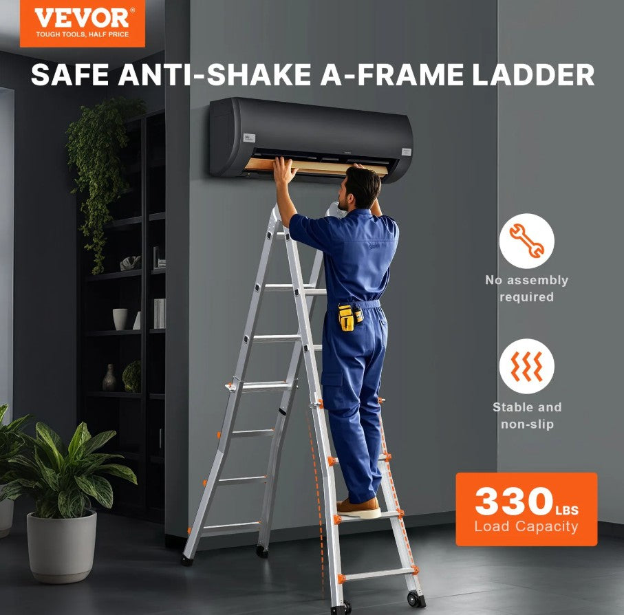 Vevor Telescoping A-Frame Ladder 20' Aluminum 330 Lb Capacity with Wheels New