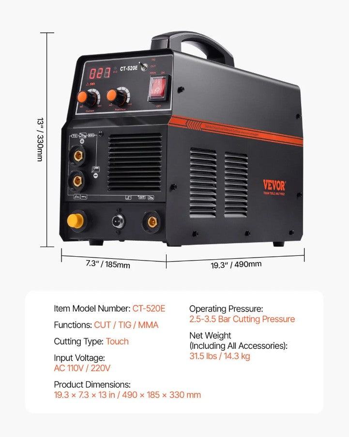 Vevor 3-in-1 Plasma Cutter and Welder Combo CT-520E TIG/MMA 110/220V New
