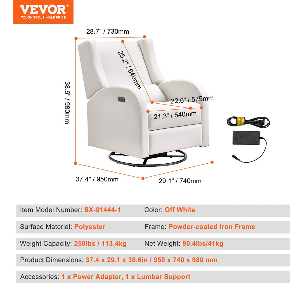 Vevor Electric Recliner and Swivel Glider 250 Lbs. Capacity Polyester Surface Rocker with USB Port New