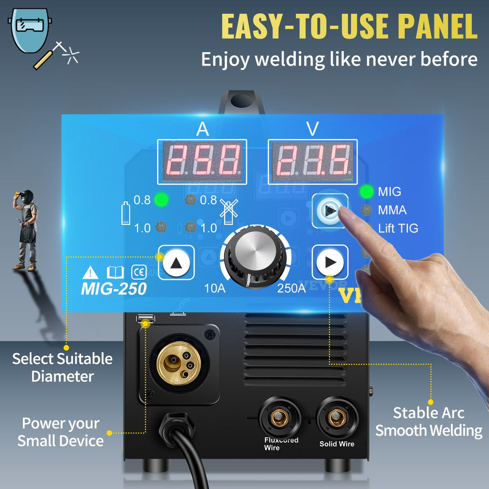 Vevor Welder 3-in-1 MIG Stick Lift TIG Mode 250A 220V Flux Core Gas Solid Wire Welding with IGBT Inverter and Torch New