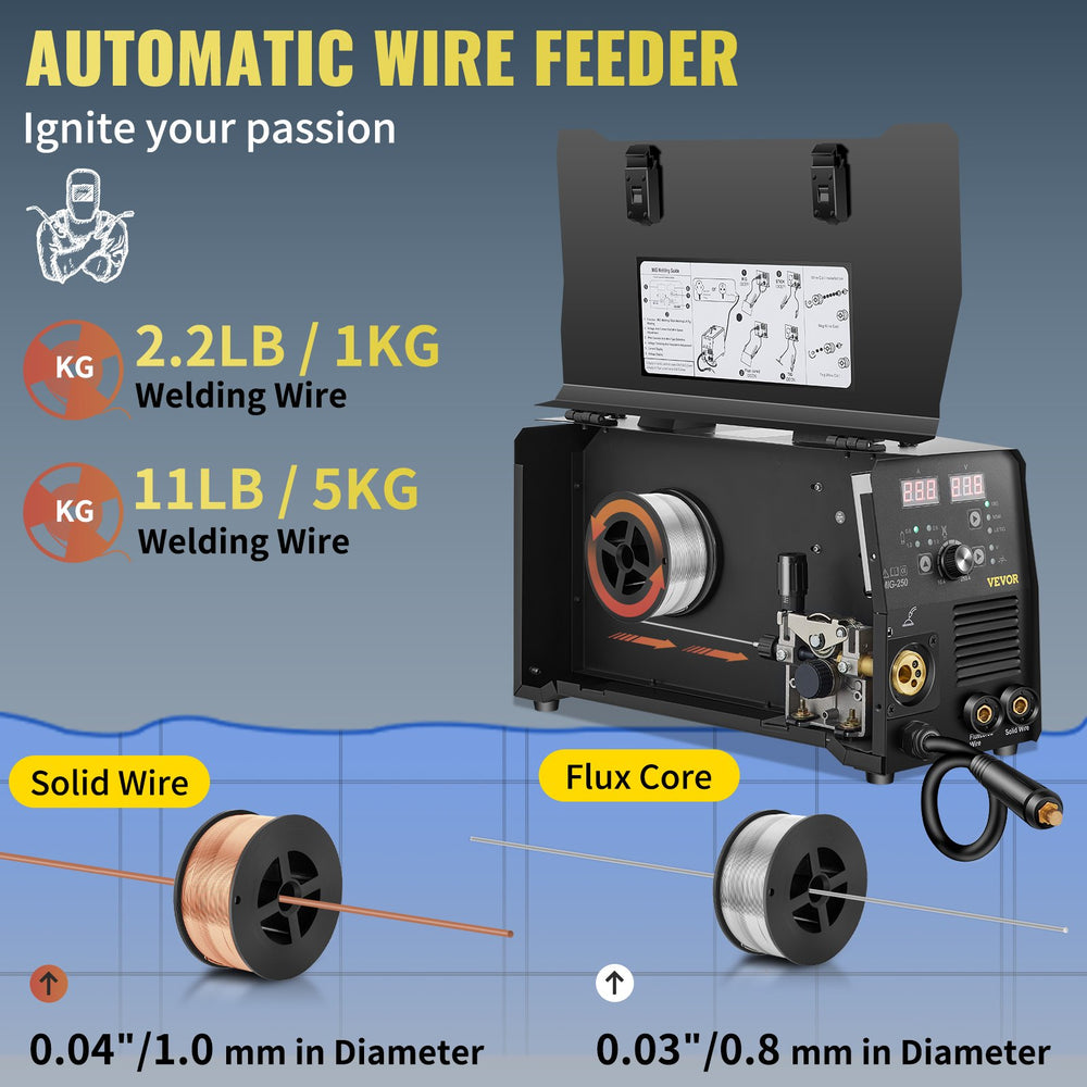 Vevor Welder 3-in-1 MIG Stick Lift TIG Mode 250A 220V Flux Core Gas Solid Wire Welding with IGBT Inverter and Torch New