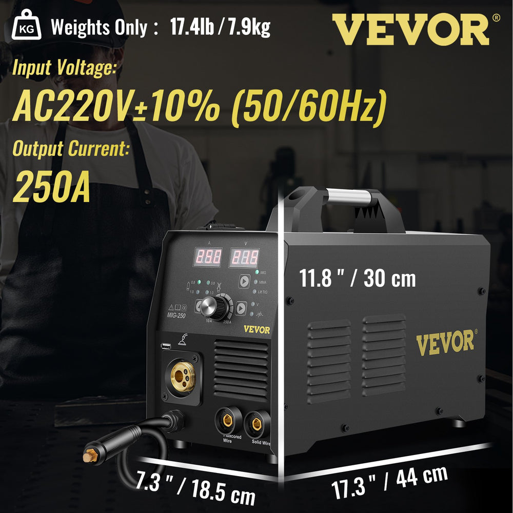 Vevor Welder 3-in-1 MIG Stick Lift TIG Mode 250A 220V Flux Core Gas Solid Wire Welding with IGBT Inverter and Torch New