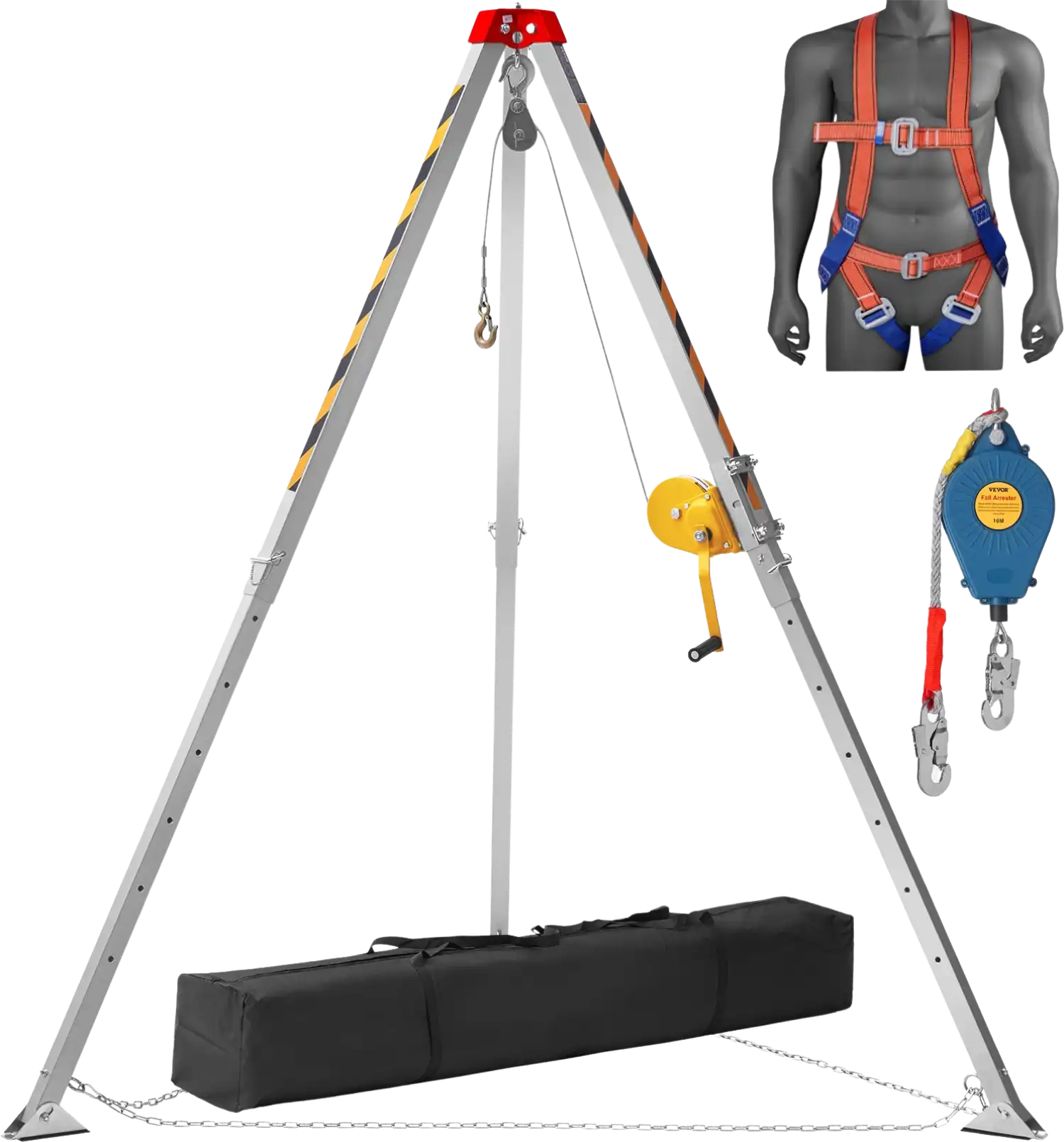 Vevor Confined Space Tripod Kit 1200 Lbs. Winch 7' Legs 98' Cable 32.8' Fall Arrester and Rescue Harness New