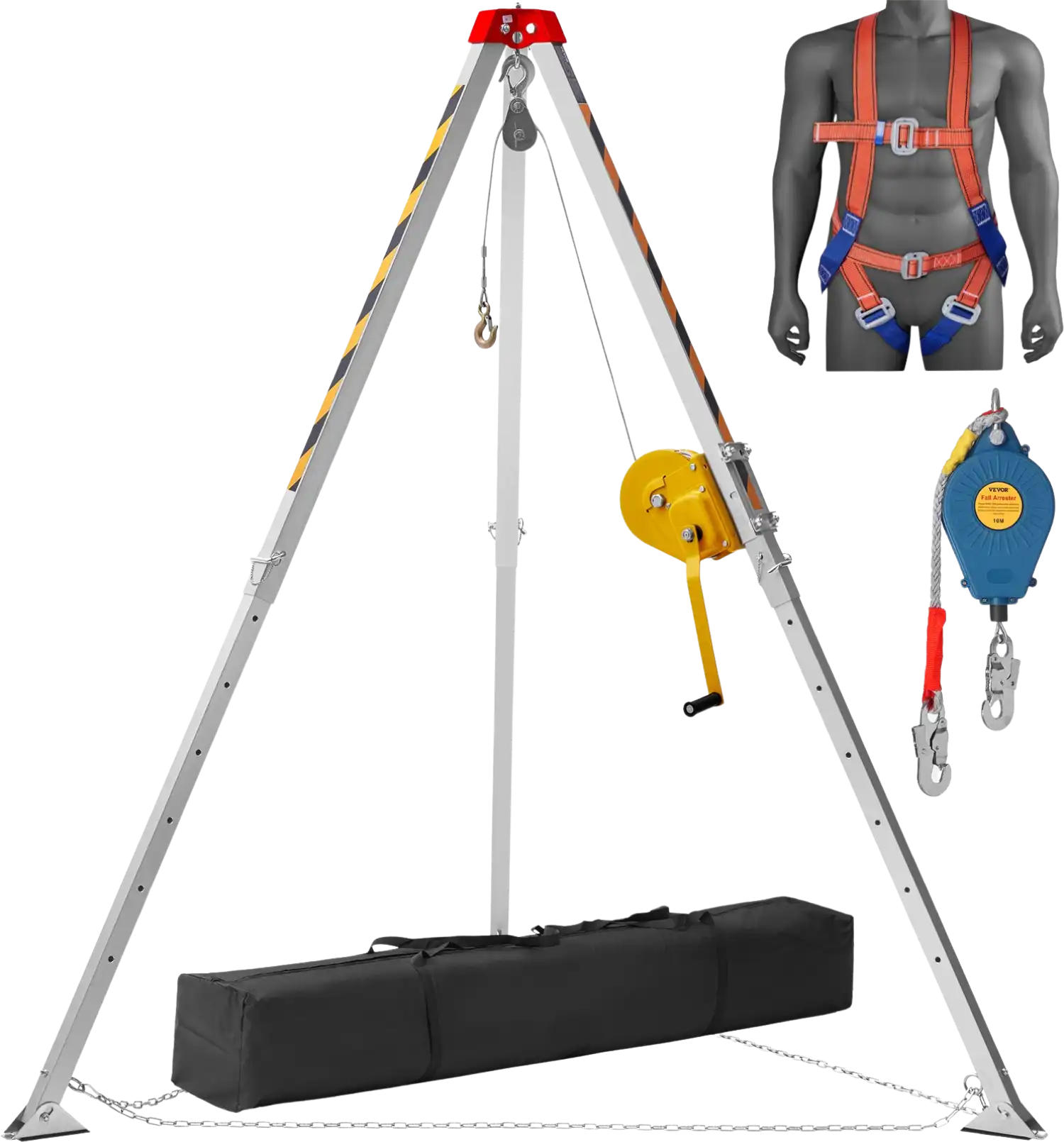 Vevor Confined Space Tripod Kit 1800 Lbs. Winch 7' Legs 98' Cable 32.8' Fall Arrester and Rescue Harness New