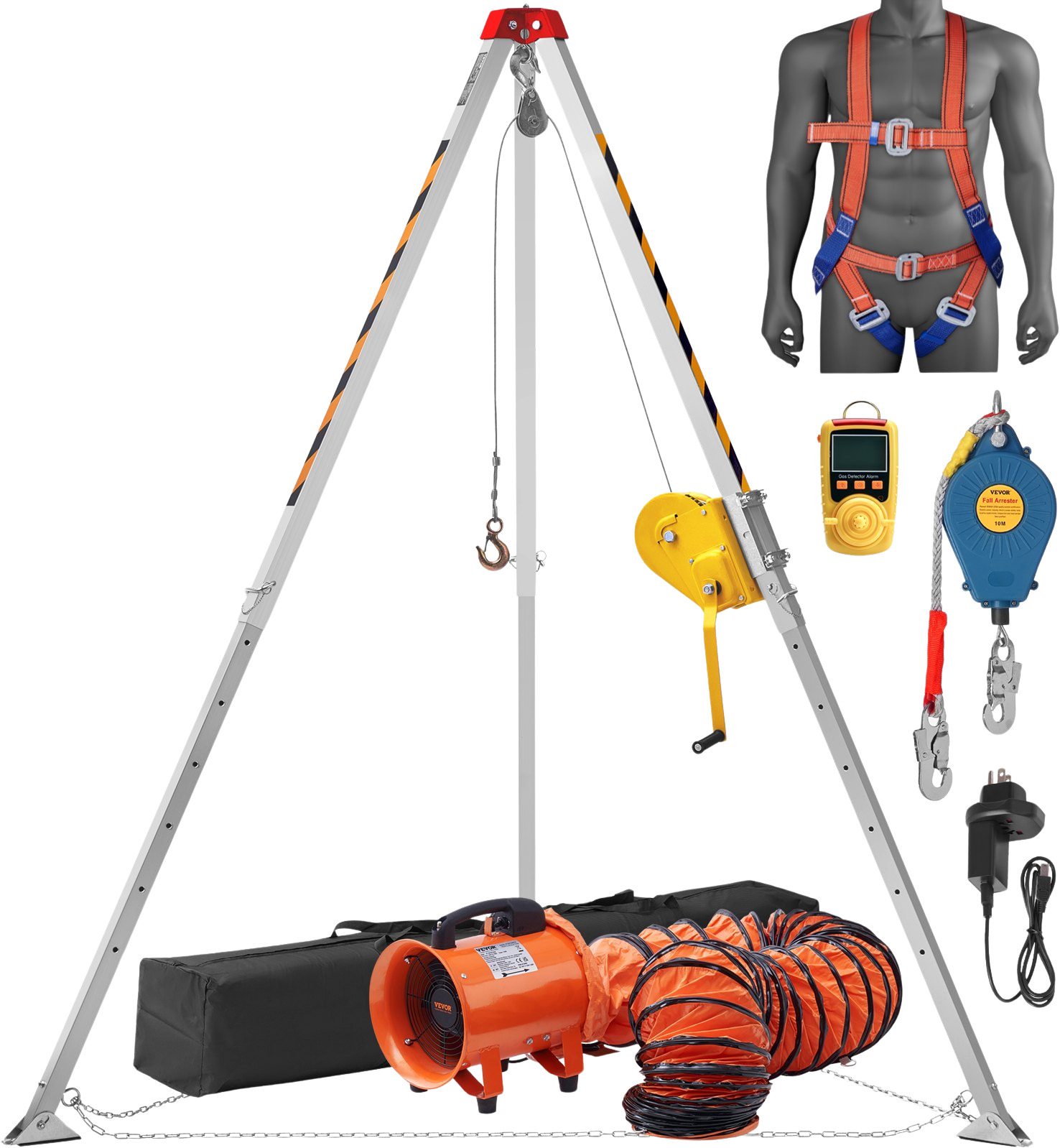 Vevor Confined Space Tripod Kit 2600 Lbs. Winch 8' Legs 98' Cable 32.8' Fall Arrester Harness Blower and Gas Detector New